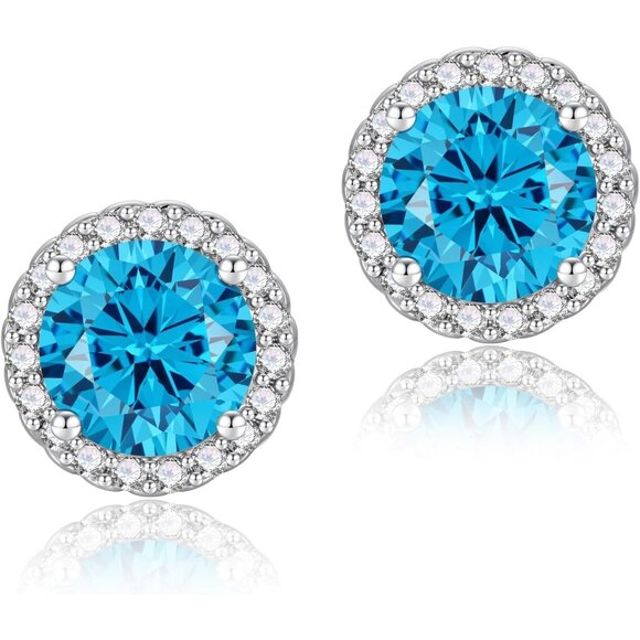 Women's Round Light Blue Birthstone Elegant Mall Dainty Cubic Zirconia Earring - Picture 1 of 6